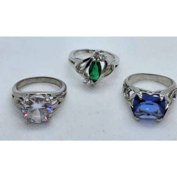 RINGS-DIAMOND CANDLE RINGS-Different Colors-Silver Tone-Lot of 3 All Size 7 - Picture 7 of 16